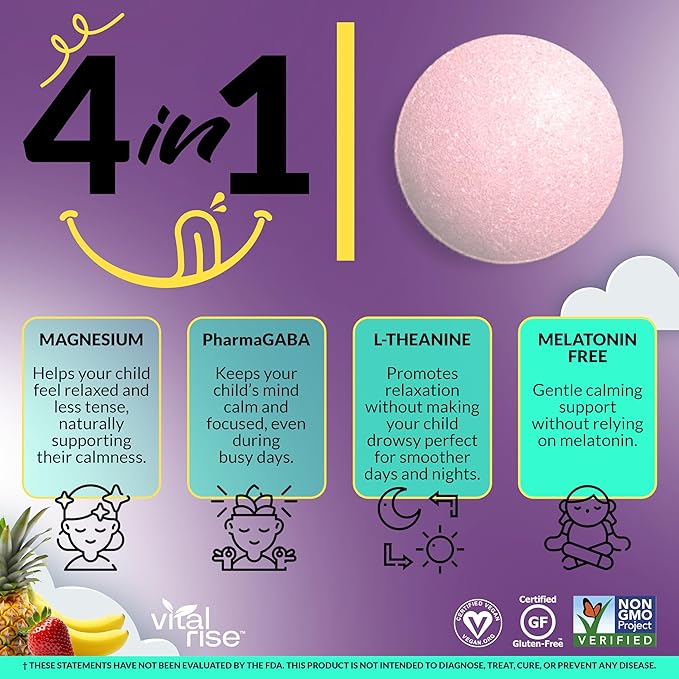 Kids Magnesium Chewables - Daily Supplement, Sugar-Free & Melatonin-Free, Supports a Healthy Stress Response & Focus, Fast-Absorbing Magnesium with L-Theanine, Mixed Fruit Flavor, 30 Count