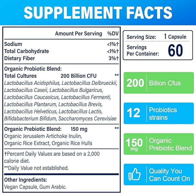 200 Billion Cfus 12 Strains Probiotic, with 3 Organic Prebiotics, Probiotics for Women Men, Daily Supplement for Immune, Gut, Digestive Health, Shelf Stable, Non GMO, 60 Caps (60-Days Supply)