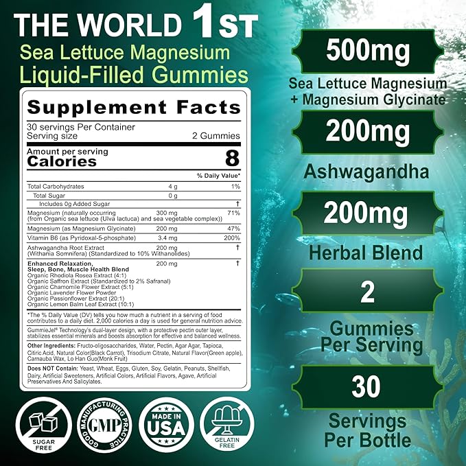 Organic Magnesium Gummies 500mg for Adults and Kids 7+ | Equivalent to 10 Forms of Magnesium | Plant-Based | Best Absorption | Gentle On Stomach |Supports Zzz & Relaxation,Brain,Muscle, Hēart, Bone