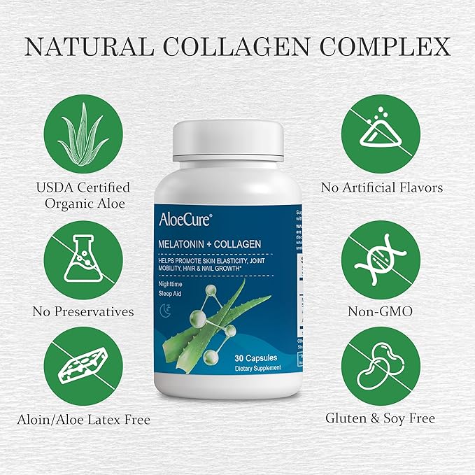 AloeCure Organic Aloe Vera Capsules Pack - 3 Pieces - Melatonin + Collagen, Aloe Vera Capsules, Probiotic + Enzyme