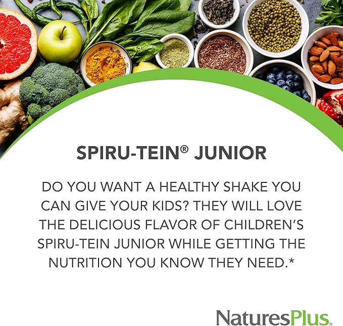 Natures Plus SPIRU-TEIN Junior, Chocolate - 1 lb - Plant-Based Protein Powder Shake for Kids - Gluten Free & Vegetarian - 15 Servings