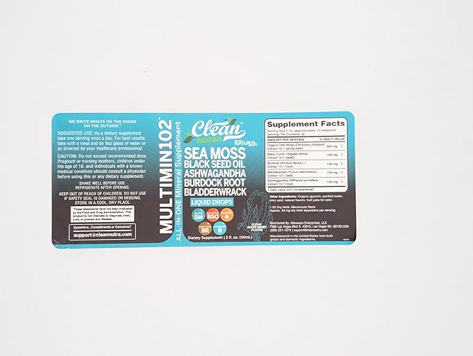 Clean Nutra Organic Sea Moss Drops Supplement | Black Seed Oil Irish Seamoss Ashwagandha Burdock Root & Bladderwrack - Multimineral Liquid Vegan for Gut Heath Energy Skin Immune Support & Hair