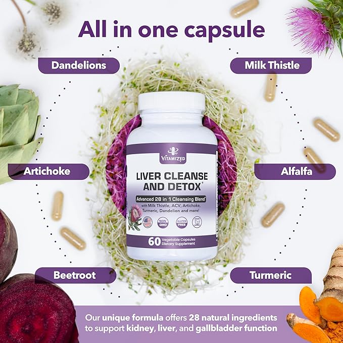 Liver Cleanse Detox & Repair Fatty Liver Supplements 28-in-1 Advanced Herbal Liver Health Supplement Formula - Milk Thistle Silymarin, Artichoke Extract, Dandelion & Apple Cider Vinegar - 60 Pills