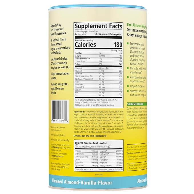 Almased Vanilla Meal Replacement Shake - Low-Glycemic High Plant Base Protein Powder- Nutritional Weight Health Support Supplement - Vanilla Flavor - 17.6 oz (1.1 Pound (1 Pack))