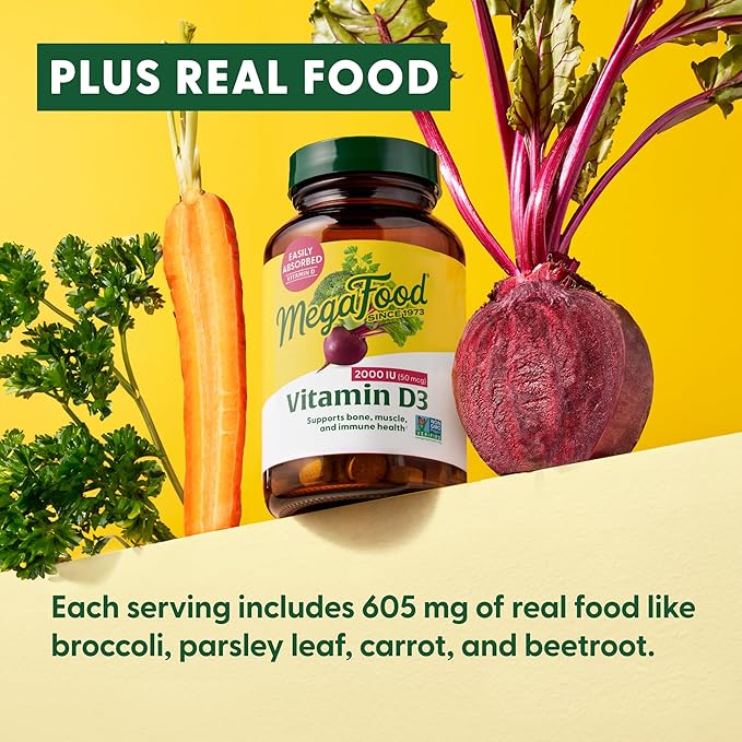 MegaFood Vitamin D3 2000 IU (50 mcg) - Vitamin D Supplements with Real Food, Immune Support, Supports Bones, Teeth & Muscles, Vegetarian, Certified Non-GMO, Kosher – 30 Tablets, 30 Servings