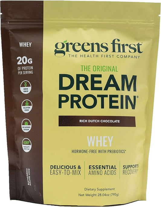 Greens First Dream Protein Powder Whey - 20g Protein Per Serving - Hormone-Free with Prebiotics - Non-GMO - No Artificial Sweeteners/MSG/Aspartame (Rich Dutch Chocolate, 28.04 oz)