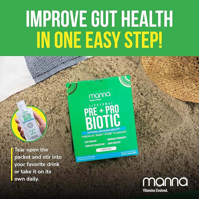 Manna Liposomal Prebiotic + Probiotic Packets – 40 Billion CFU, 8 Strains – Gut, Digestive & Immune Support – High Absorption, Non-GMO, Shelf-Stable, Daily Supplement, 30 Single Serves