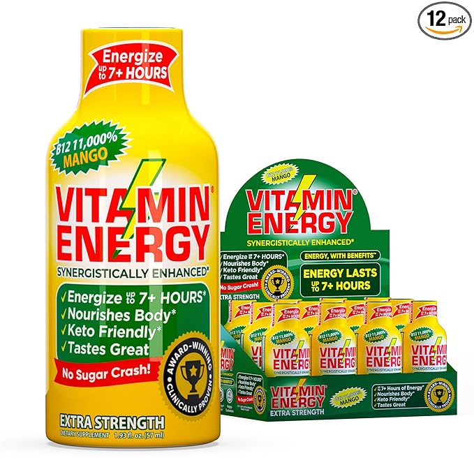 Vitamin Energy B12 11,000% Extra Strength Energy Shot Mango 12 Pack, 260mg Natural Caffeine, B12 & B6, Nootropic Focus, Vitality, Zero Sugar, Gluten-Free, Vegan, Kosher, 1.93 fl oz