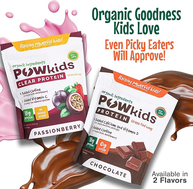 Kids Protein Powder – Zero Sugar, 18g Grass-Fed Whey Proteins, Organic Ingredients – Calcium & Choline for Bone Strength & Brain Development, Teens Shake, 15-45 Servings – Chocolate