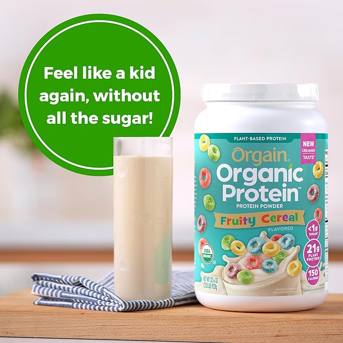 Orgain Organic Vegan Protein Powder, Fruity Cereal - 21g Plant Based Protein, 8g Prebiotic Fiber, Low Net Carb, No Lactose Ingredients, No Added Sugar, Non-GMO, For Shakes & Smoothies, 2.03 lb