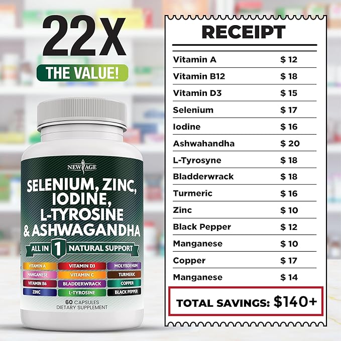 NEW AGE Selenium, Zinc, Iodine, L Tyrosine, Ashwagandha - Supplement for Women and Men with Bladderwrack, Turmeric, Silica Kelp, Schisandra - 120 Count
