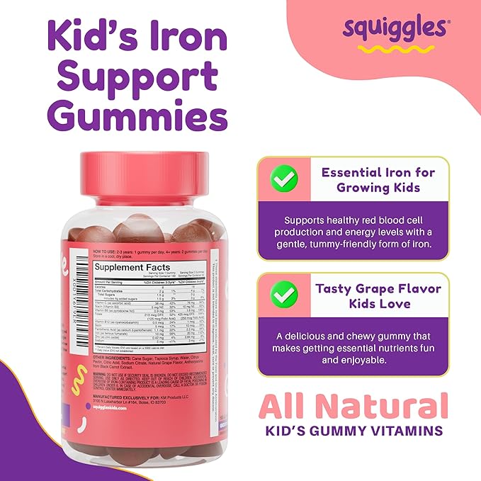 Squiggles Kids Daily Iron+ Gummies - Chewable Supplement with Iron, Multivitamin for Children, Low Sugar, Vegan, Toddler Gummies, Yummy Grape Flavor (100 Count)