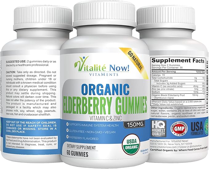 Organic Elderberry Gummies - USDA Certified - Vitamin C & Zinc - Chewable Sambucus - Immune System Support - Vegetarian & Vegan - Raspberry Flavored - Gluten Free - Non-GMO - 60 Count