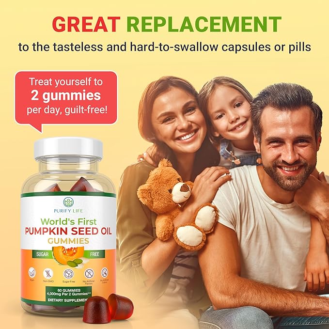 Sugar-Free Pumpkin Seed Oil Gummies (4,000mg/serving) Pumpkin Seed Oil for Hair Growth, Youthful Skin, Prostate Health, Immune & Urinary Tract Support-Natural Source of Essential Fatty Acids-60 Chews