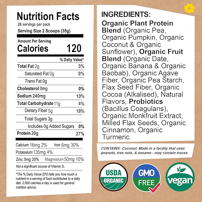 EarthChimp Organic Vegan Protein Powder - with Probiotics - Non GMO, Dairy Free, Non Whey, Plant Based Protein Powder for Women and Men, Gluten Free - 26 Servings 32 Oz (Vanilla)