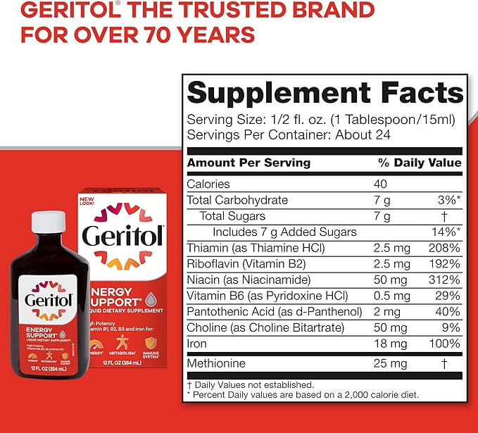 Geritol Liquid Vitamin and Iron Supplement, Energy Support, Contains High Potency B-Vitamins and Iron, Pleasant Tasting, Easy to Swallow, No Artificial Sweeteners, Non-GMO, 12 Oz, 2 Pack