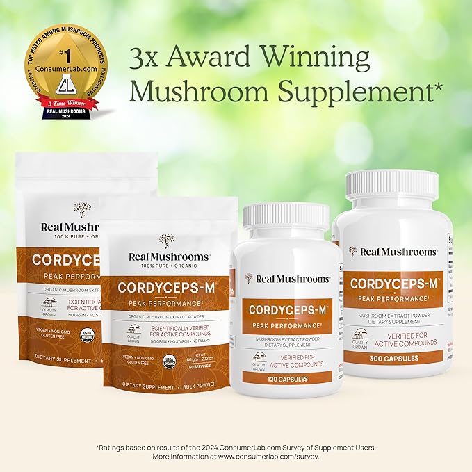 Real Mushrooms Cordyceps Capsules - Performance Mushroom Extract Supplement with Organic Militaris for Energy Immune Support Vegan Supplement, Non-GMO, 300 Caps