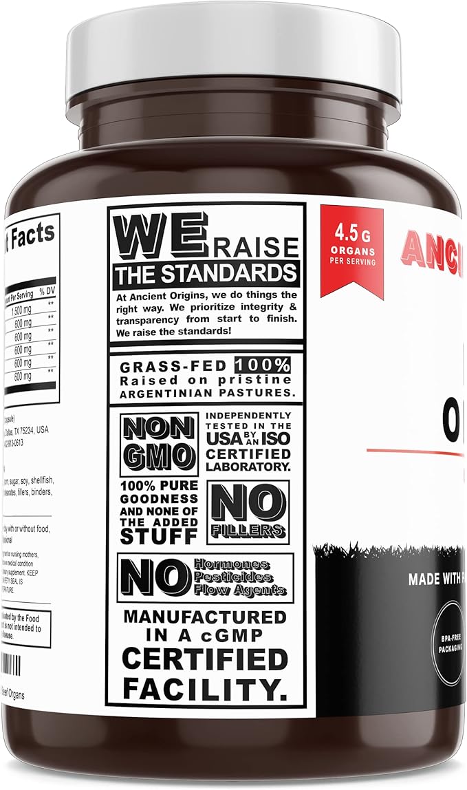 Ancient Origins Grass Fed Beef Organs Supplement 4500mg - Desiccated Liver, Bone Marrow, Heart, Spleen, Pancreas & Kidney, Non-GMO, Gluten Free, Undefatted (180 Capsules, 750mg Each)