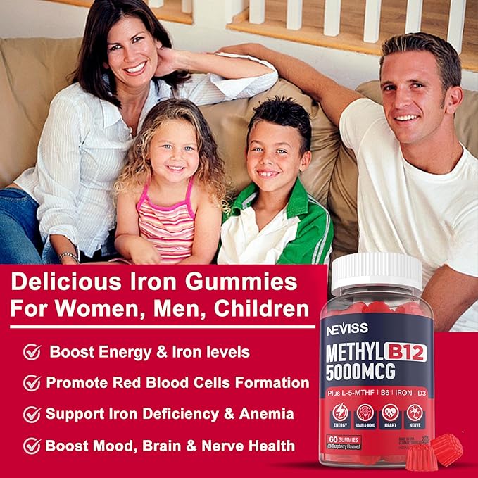 Iron 18mg + B12 Vitamins 5000 mcg Gummies for Adults Women & Men - w/Ultra Strength Active Methyl B-12, L-MethylFolate & B6 (P5P) - Carbonyl Iron Supplement Gummy for Energy, Immune & Focus,120Cts