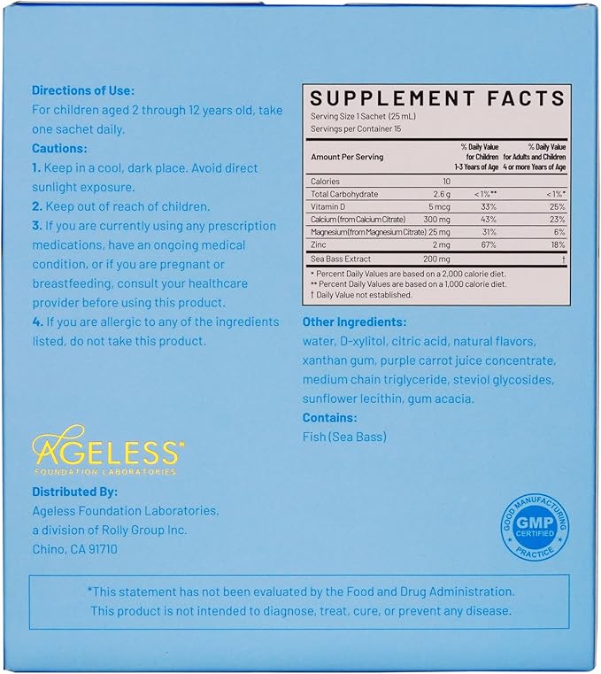 Ageless Liquid Calcium for Kids with Sea Bass Extract, Vitamin D, Zinc, and Magnesium - High Absorption Bone Strength Supplements, Natural Flavor, Gluten-Free - 25 ml (15 Count)