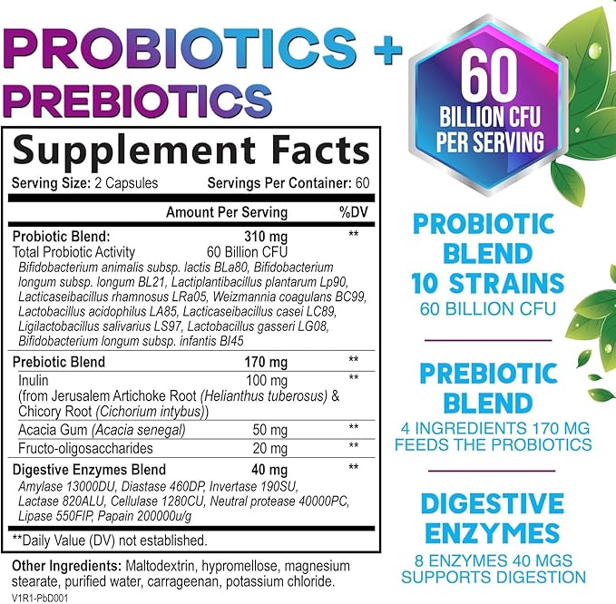 Daily Probiotic and Acidophilus Supplement 60 Billion CFU 10 Strains Capsule for Women & Men - Digestive Gut & Immune Health Support - Supports Occasional Constipation, Gas & Bloating - 120 Capsules