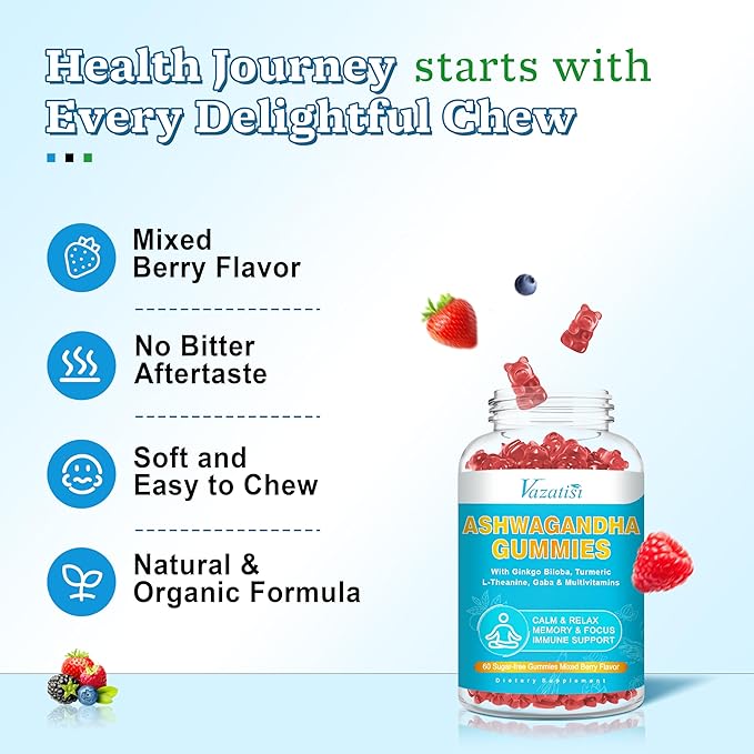 Ashwagandha Gummies with Turmeric GABA Mood Energy and Immune Support, Mixed Berry Flavor 60 Cts