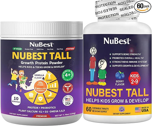 NuBest Bundle Vanilla Plant-Based Protein 10 Serving Tall Kids 60 Chewable Tablets - Multivitamin, Calcium, Probiotic, Omega 3-6-9 and More