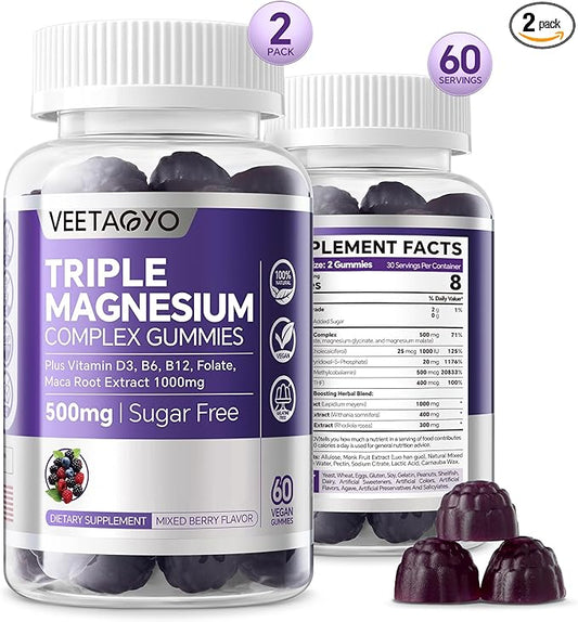 Magnesium Gummies 500mg 400mg | High Absorption, Bone, Nerves, Muscle | 3 Forms of Magnesium Complex Supplement Glycinate,Taurate,Malate | Adults - Vegan,Sugar Free,120Cts