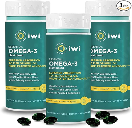 Iwi Omega-3 Essential, 90 Softgels (90 Servings), Plant-Based Algae Omega 3 with EPA + DHA, Brain, Heart & Immune Support Dietary Supplement, Krill & Fish Oil Alternative, No Fishy Aftertaste