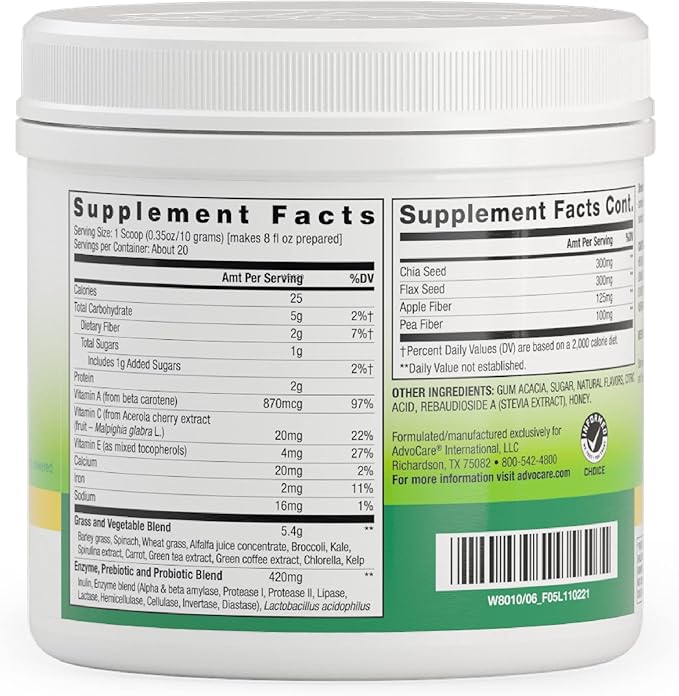 AdvoCare Greens Powder Phytonutrient Supplement - Supports Digestive Health with Antioxidants, Prebiotics & Probiotics* - Includes Broccoli Powder, Carrot Powder & More - Lemon, 7 oz