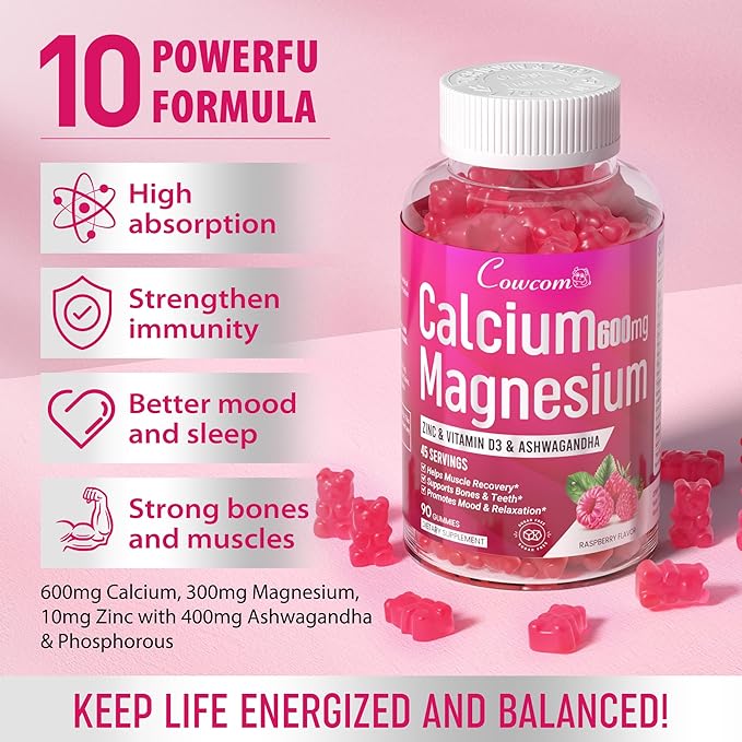 Calcium Magnesium Zinc Gummies for Kids Adults,High Absorption Magnesium Glycinate 300mg with Vitamin D3,B6,B12 for Bone,Muscles,Calm Mood,Sleep Support,Sugar-Free,Vegan,Raspberry Flavor,90 Counts
