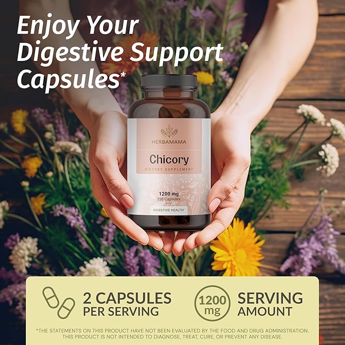 HERBAMAMA Chicory Root Fiber Capsules - 1200mg Chicory Root Powder for Gut Cleanse & Digestive Support - Vegan, Non-GMO Inulin Prebiotic Fiber Supplement, 250 Caps