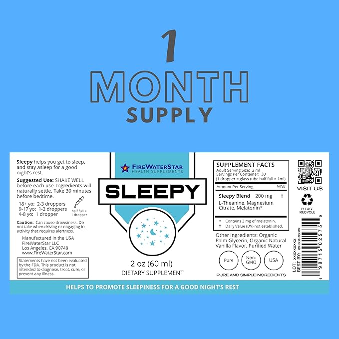 FWS Sleepy - Liquid Melatonin with Magnesium, L-Theanine - Natural Sleep Aid - Fast Acting Liquid Drops - Helps You Get to Sleep and Stay Asleep for a Good Night's Rest - Adults, Teens, Kids