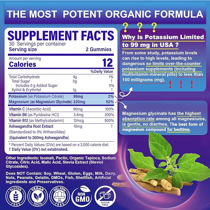 Potassium Magnesium Gummies - Potassium Supplement w/Ashwagandha 200mg, High Absorption Magnesium Glycinate,B6,B12,Potassium Citrate for Leg Cramps,Muscle,Electroyte for Adults Kids,Sugar-Free, 1Pack