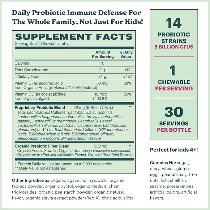 Certified Organic Kids & Teens Probiotic Immune Defense - 5 Billion CFUs | Sugar Free, Vegan, Gluten-Free | 14 Probiotic Strains, Prebiotics, Vitamin C & D | 30 Chewable Tablets, Ages 4+