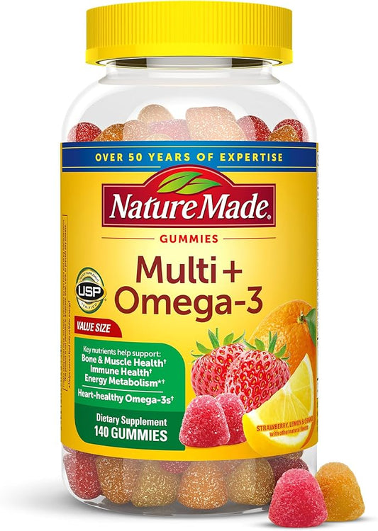 Nature Made Multivitamin + Omega-3, Dietary Supplement for Daily Nutritional Support, 140 Gummy Vitamins and Minerals, 70 Day Supply (Pack of 1)