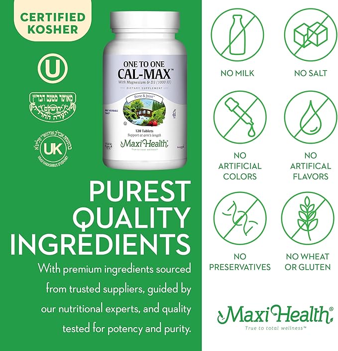500 mg Calcium Supplement with Vitamin D3 (1000 IU) and Magnesium (500 mg) - Bone, Teeth and Joint Support for Men and Women - 120 Tablets - One to One Cal-Max by Maxi Health