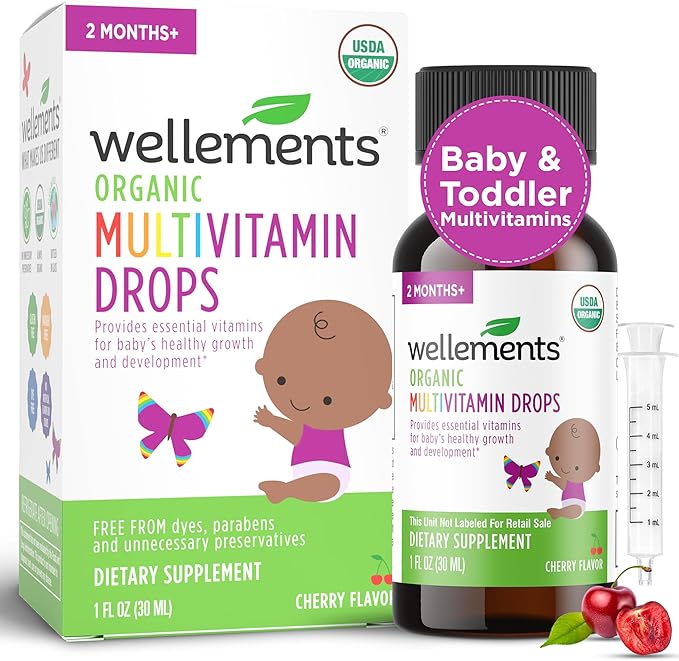 Wellements Organic Baby Multivitamin Drops (1 Fl Oz) - Cherry Flavor Liquid Multivitamins for Infants & Toddlers (2 Months+) - Toddler Vitamins for Immune Support*, Healthy Growth & Bone Development*