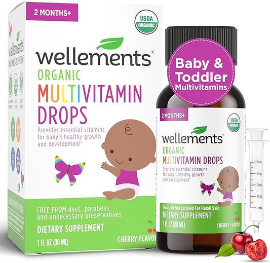 Wellements Organic Baby Multivitamin Drops (1 Fl Oz) - Cherry Flavor Liquid Multivitamins for Infants & Toddlers (2 Months+) - Toddler Vitamins for Immune Support*, Healthy Growth & Bone Development*