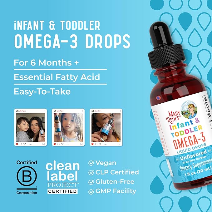 MaryRuth Organics Infant and Toddler Omega-3 Liquid Drops by | 200mg DHA and 2mg EPA Per Serving | Overall Wellness and Healthy Development | Unflavored | 1 Fl Oz