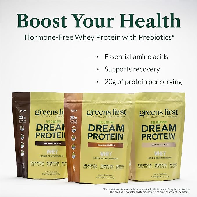 Greens First Dream Protein Powder Whey - 20g Protein Per Serving - Hormone-Free with Prebiotics - Non-GMO - No Artificial Sweeteners/MSG/Aspartame (Rich Dutch Chocolate, 28.04 oz)