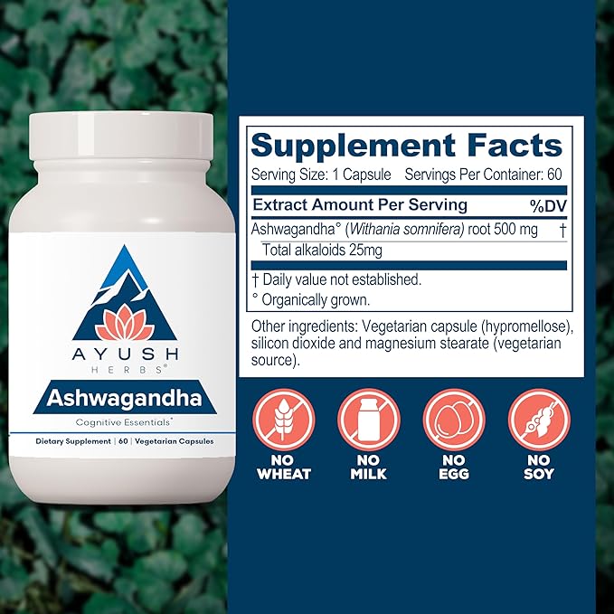 Ayush Herbs Ashwagandha Capsules - Ashwagandha for Men & Women, Ashwagandha Supplements, Pure Ashwagandha Root Powder for Stress, 500mg per Pill - 60 Vegetarian Caplets (1 Count)