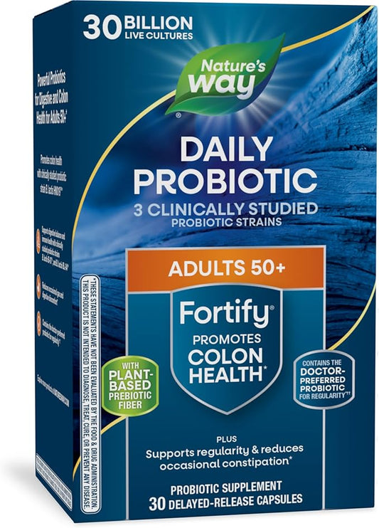 Nature's Way Fortify 50+ Daily Probiotic for Men and Women, 30 Billion Live Cultures, Colon, Digestive, and Immune Health Support* Supplement, 30 Capsules (Packaging May Vary)
