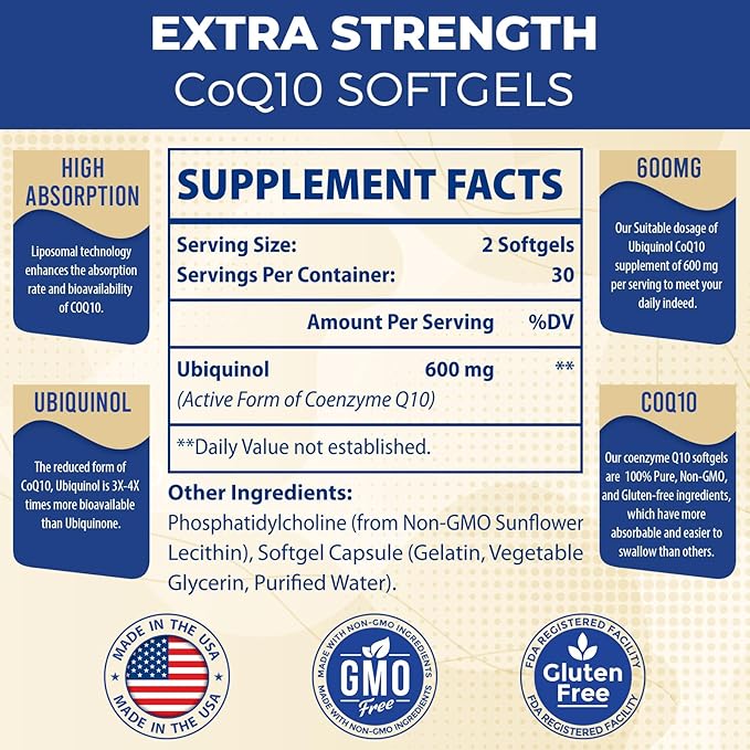 Liposomal CoQ10 Ubiquinol 600mg Softgels|Superior Absorption Ubiquinol CoQ10 Supplement|Powerful Active Antioxidant Form of Coenzyme Q10|Heart Function & Energy Production|60 Softgels