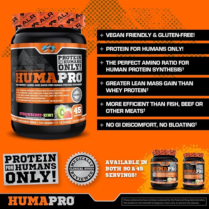 Humapro | Amino Acids Protein Matrix for Humans | 99% Utilization for Lean Muscle | Vegan, Gluten Free | 334g / 45 Servings (Strawberry Kiwi)