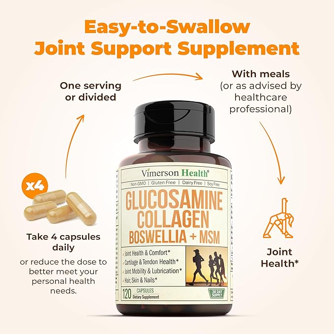 Glucosamine Chondroitin MSM with Collagen Powder. Joint Support Supplement. Bromelain, Quercetin, L-Methionine & Boswellia Extract capsules. Hair Skin and Nails Vitamins. FSA eligible. 120 caps