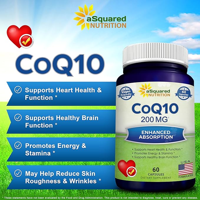 aSquared Nutrition CoQ10 200mg - 60 Capsules - CO Q 10 Supplement - Coenzyme Q10 Ubiquinone Pills - Vegan CoQ-10 Extra Antioxidant Vitamin - Alternative to Softgels & Gummies