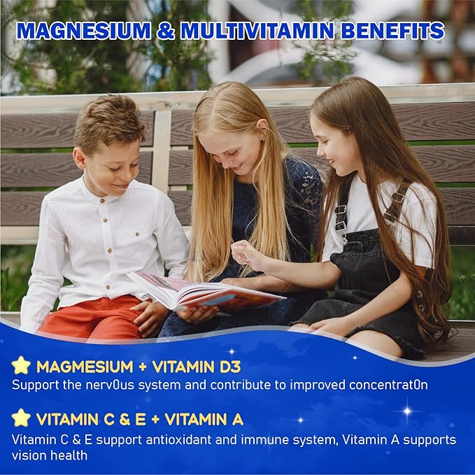 Magnesium Gummies for Kids 4+ - Sugar Free Magnesium Citrate Supplement with L-Theanine, Calcium and Vitamin A, C, D3 & K2 - Supports Zzz, Bone & Muscle