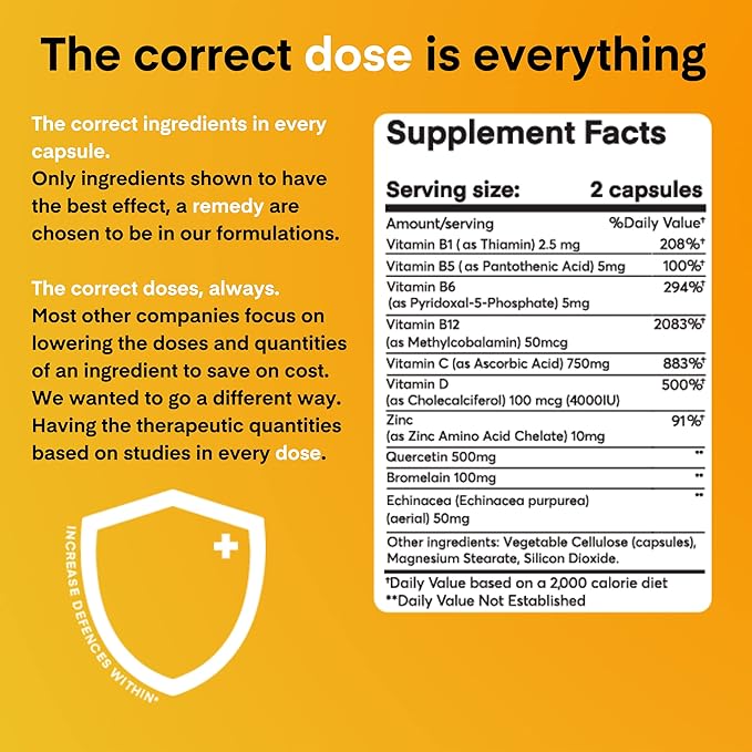 A Dose of Immunity Quercetin with Vitamin C and Zinc, Vitamin D, 500mg Quercetin Bromelain with Echinacea & B Vitamins, Lung Immune Support Supplement 7 in 1 Immunity Defense Booster (60 Count)