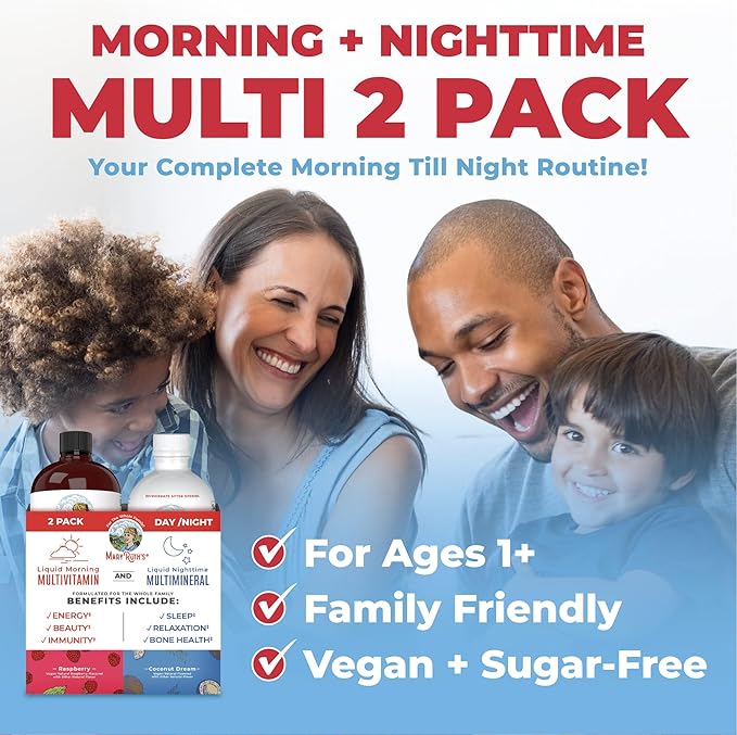 MaryRuth Organics Liquid Morning Multivitamin & Liquid Nighttime Multimineral Bundle, Vegan Vitamin C, Vitamin D, B Complex, Magnesium, Energy, Beauty, Sleep Support, NO Melatonin, 32 Fl Oz Each
